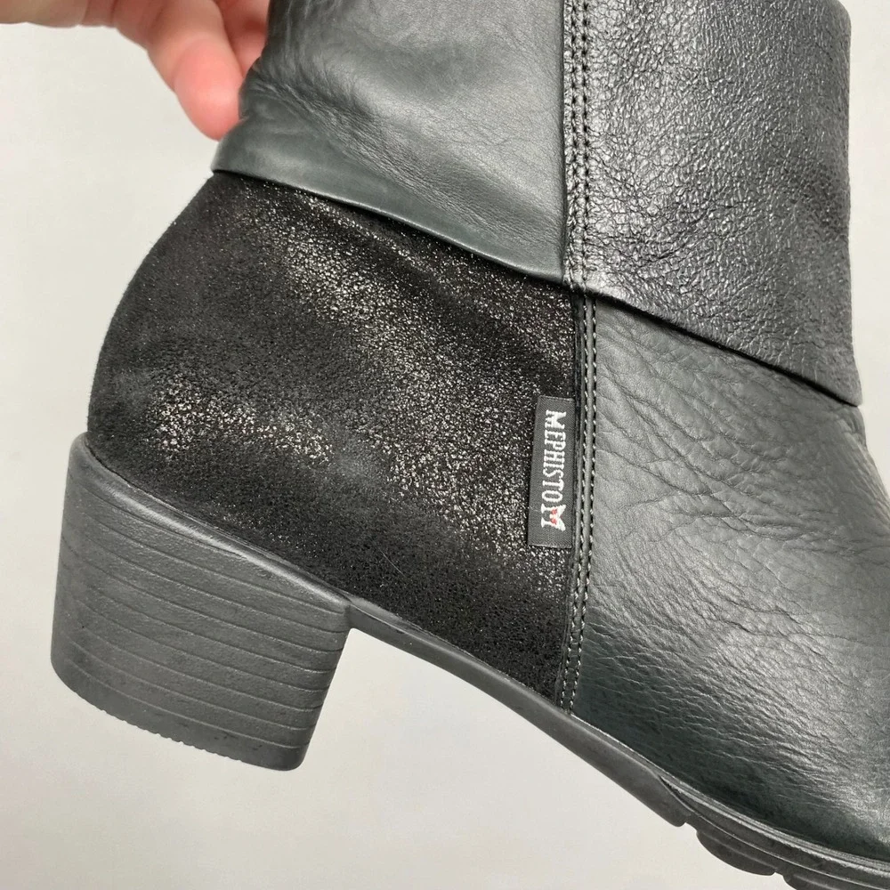 Mephisto Iris‎ Black Leather Glitter Ankle Boots Women Size 7.5 Air Jet Booties